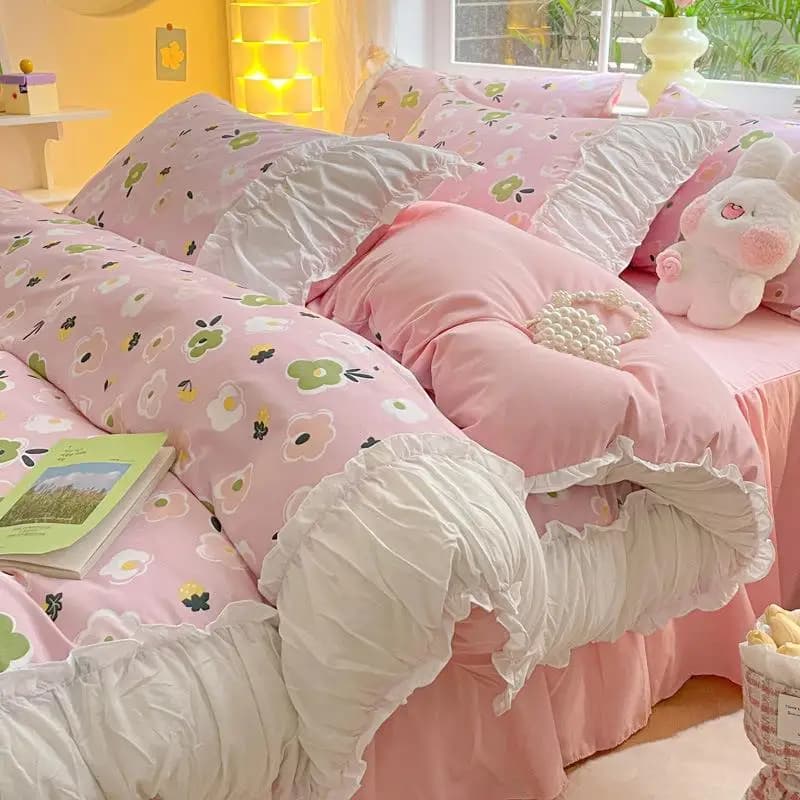 Nuovo Set di Biancheria da Letto in Stile Coreano 2024, 15 Pezzi con Bordi in Cotone Lavato, Set Tre Pezzi con Lenzuolo, Copripiumino e Federe