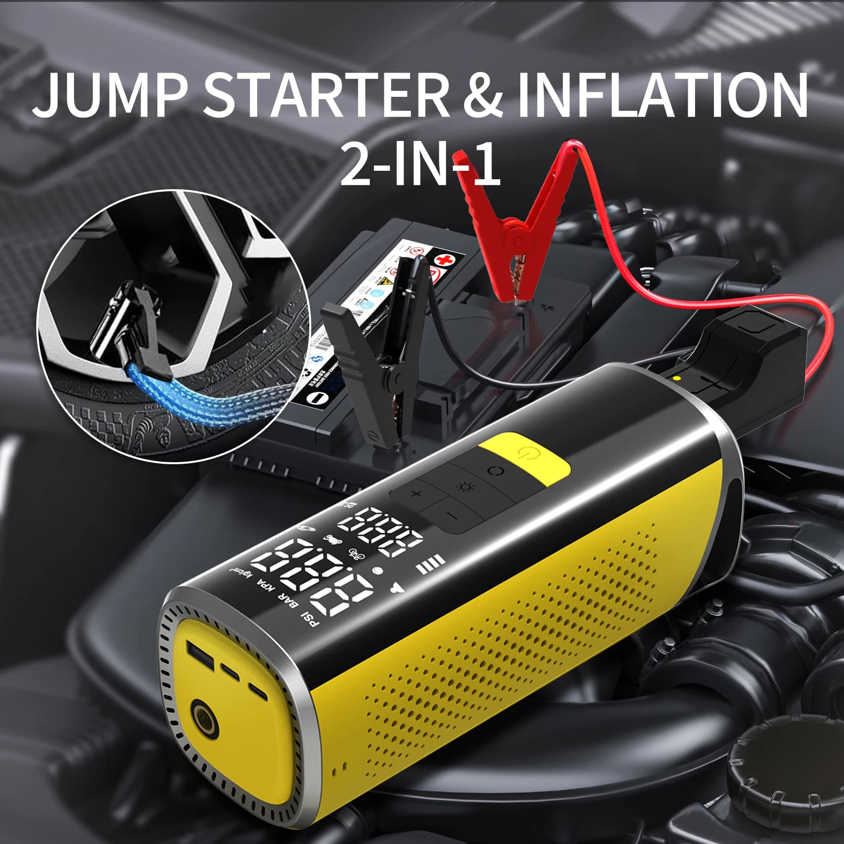 10000mAh Wireless Tire Inflator Portable Air Pump, Digital LED Auto Stop Power Bank for Car Motorcycle Bike Ball Swim Ring