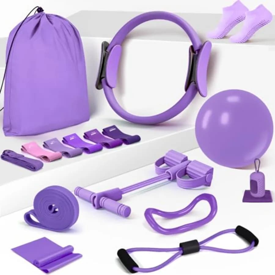 Kit Essenziale Pilates per Donne, 15 Pezzi Attrezzatura Pilates per Allenamenti a Casa con Cerchio Yoga, Palla, Anello, 5 Fasce di Resistenza, Ped