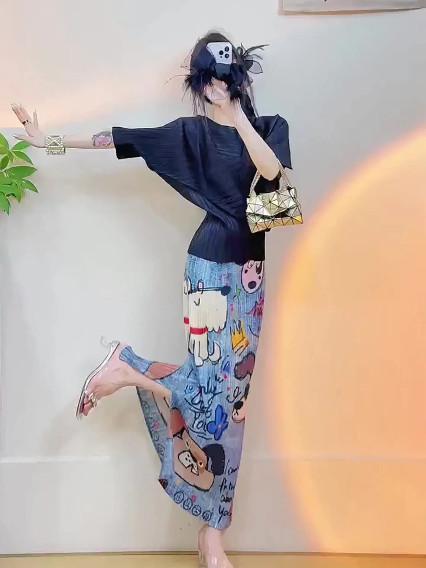Black Floral Print Short Sleeve Top And Skirt Set Vintage Fashionable Women's Autumn Spring Polyester Two-Piece Suit