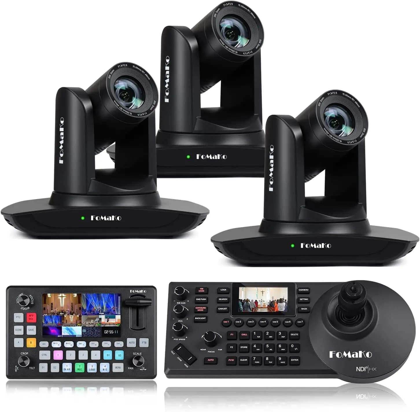 FoMaKo Zoom ottico 20x Telecamera PTZ HDMI AI Auto-Tracking Gen 3, per eventi di servizi live in chiesa (FMK12UH Pro-B X3+KC601+KC608) Nero