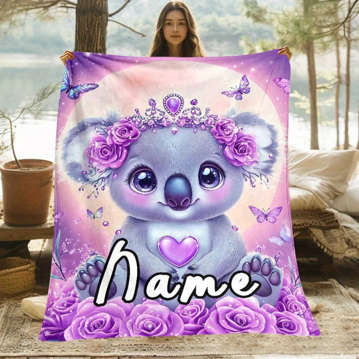 Personalized Customized Name Cute Purple Koala Blanket - Soft and Lightweight Brushed with Pink Rose, Heart and Butterfly Patter