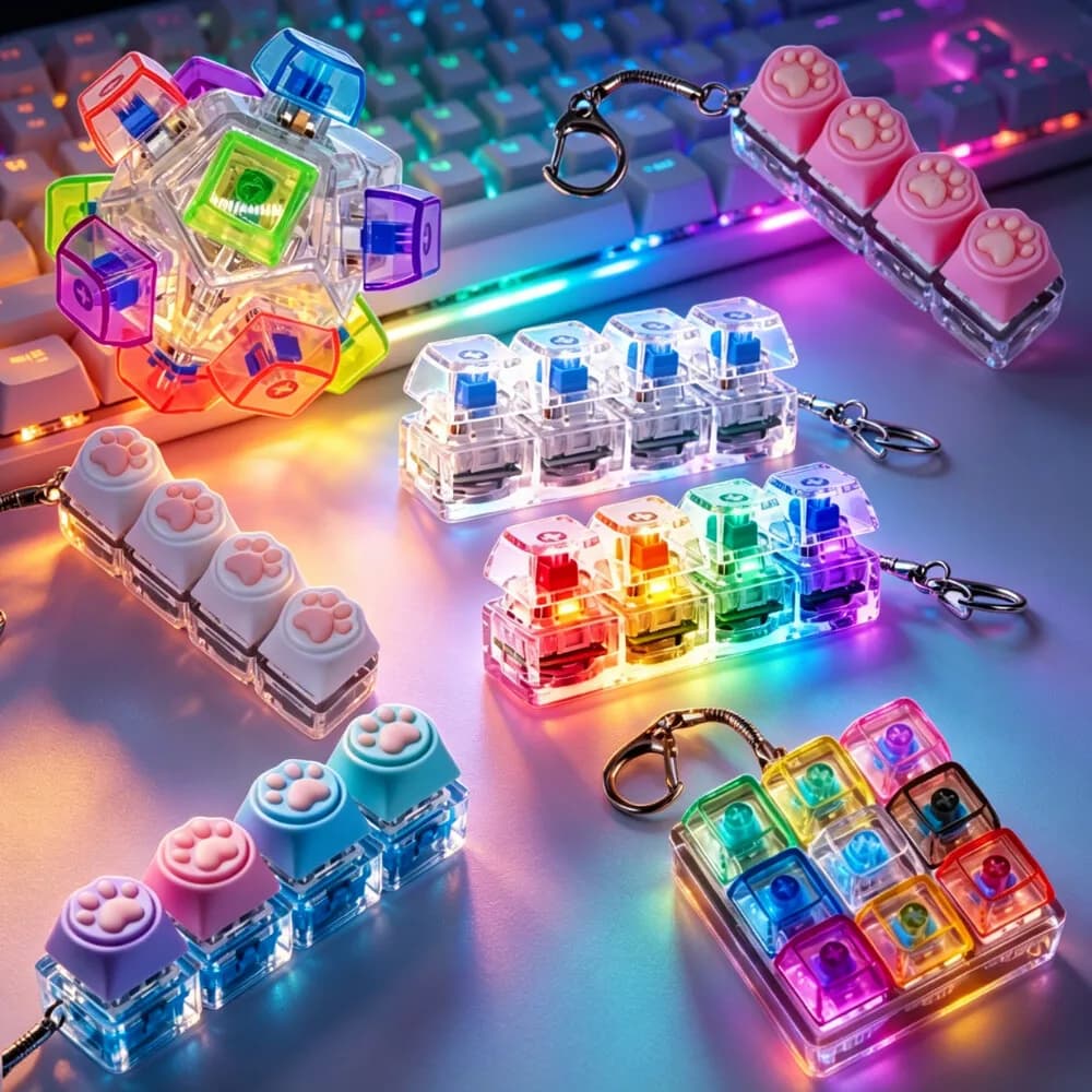 @@LED Keyboard Keychain Fidget Toys Crystal Clicker Sensory Toy for Stress Relief Keyboard Keychain Fidget Gadget for Adults Kid