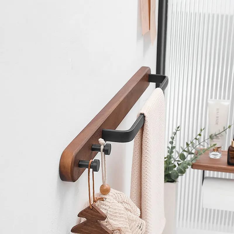Portasciugamani da bagno in legno bruciato rustico con asta in metallo, portasciugamani da bagno a parete con gancio per bagno 40-50 cm