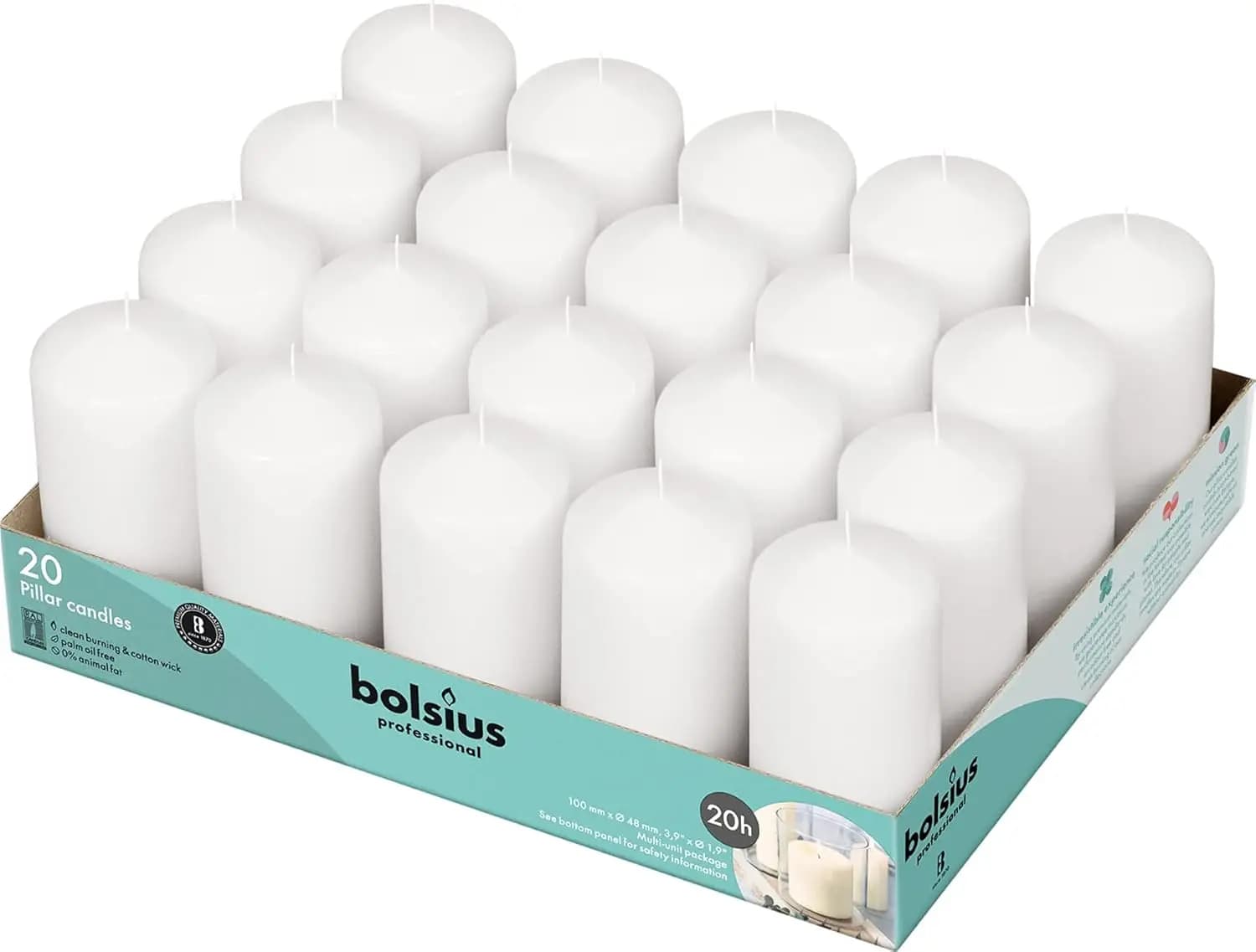 20 Candele a Colonna Bianche - 2x4 Pollici, Senza Profumo, Senza Gocce, Senza Fumo, Durata 20 Ore per Matrimoni e Feste