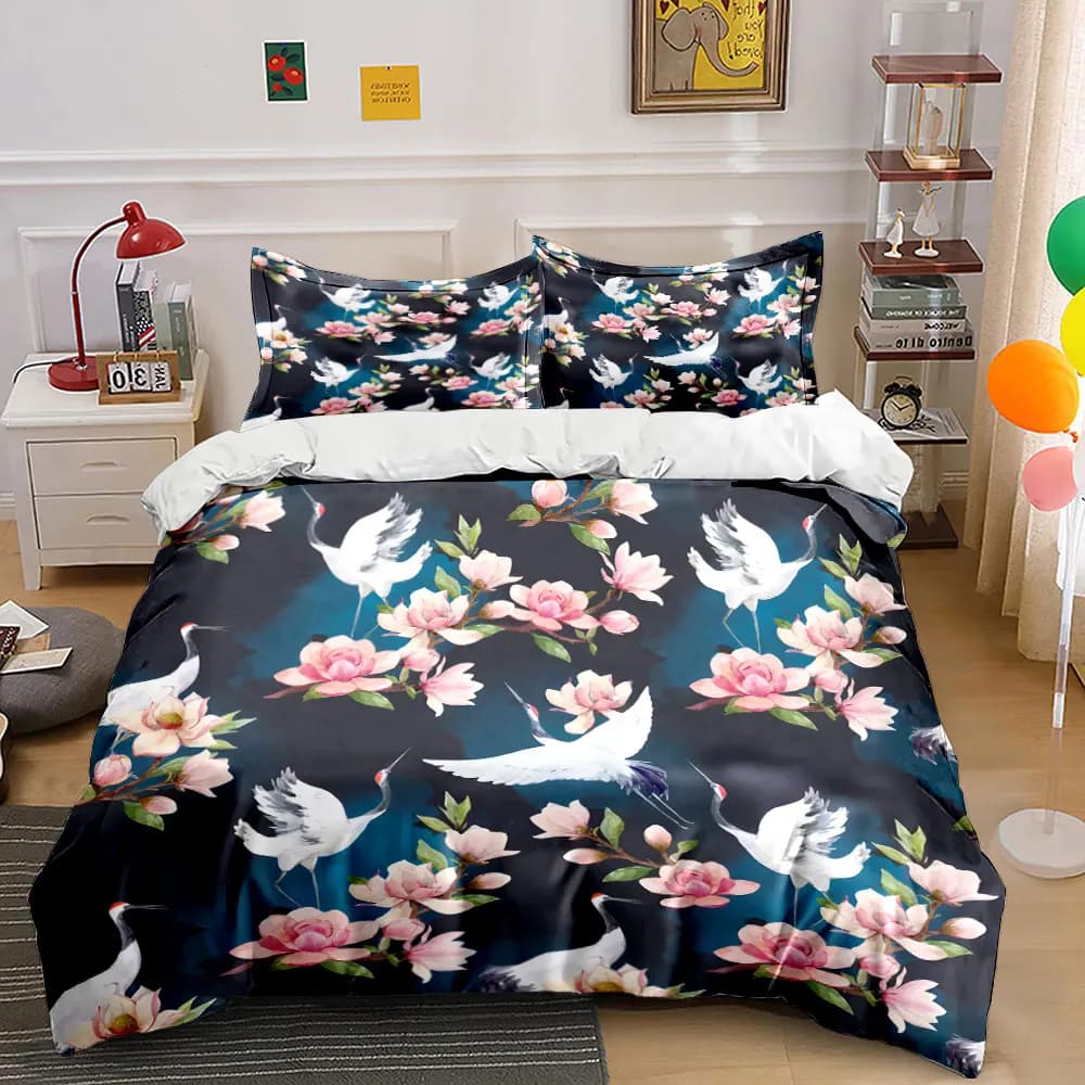 Set copripiumino con motivo fiori di ciliegio e gru eleganti, stampa digitale, biancheria da letto colorata in poliestere con chiusura a cerniera, ideale come regalo