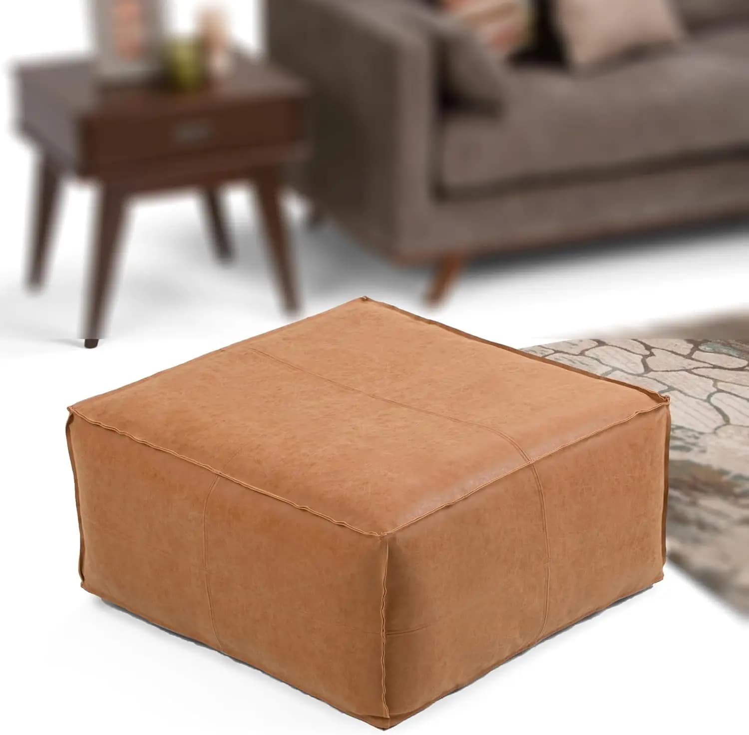Pouf da tavolino quadrato largo 30 pollici in marrone effetto consumato, pouf in ecopelle vegana, poggiapiedi o posti a sedere extra, vendita calda
