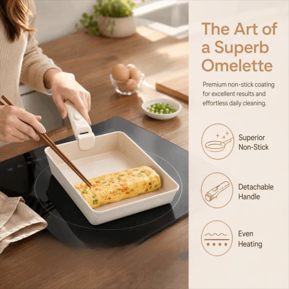 Aluminum Tamagoyaki Pan Non Stick Coating Beige Black Omelette Pan Rectangular Shape Detachable Handle Egg Roll Skillet