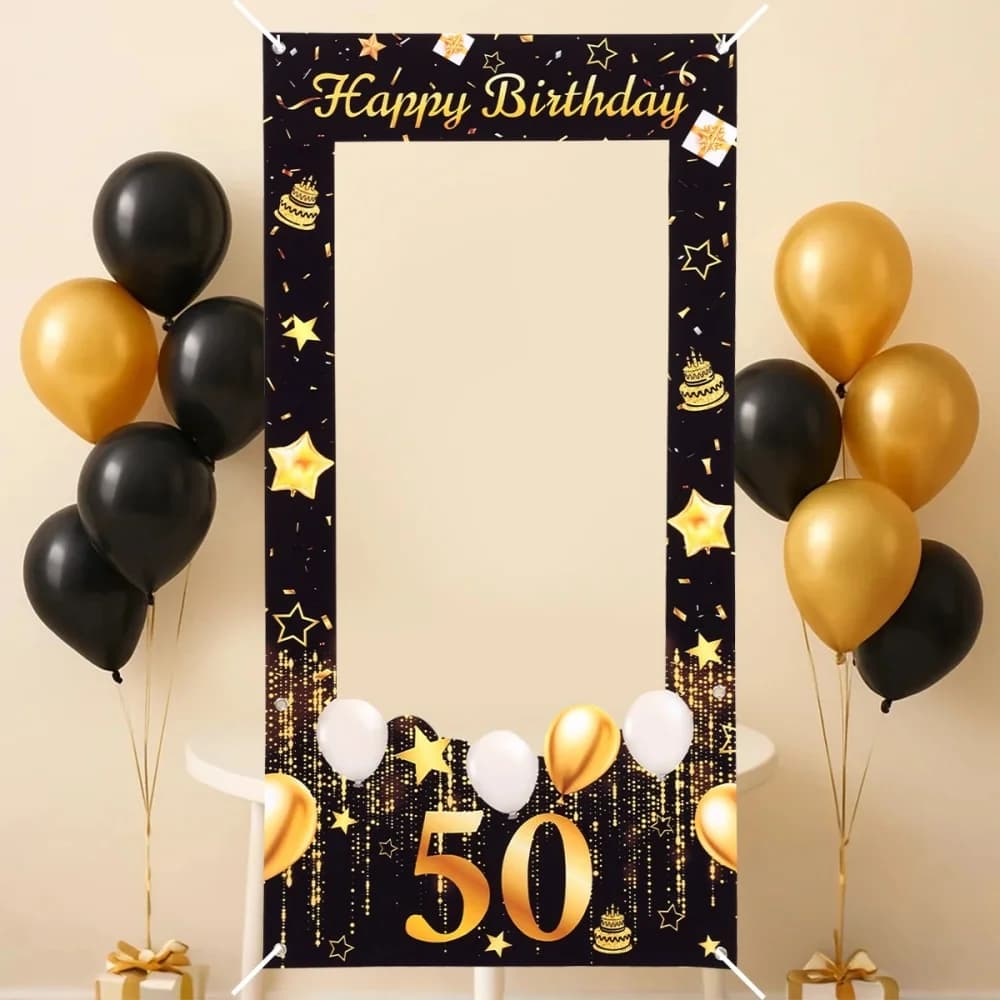 Sfondo con cornice per foto di buon compleanno, età personalizzata, compleanno, vinile, cabina fotografica, sfondo nero, decorazioni per feste di compleanno per adulti