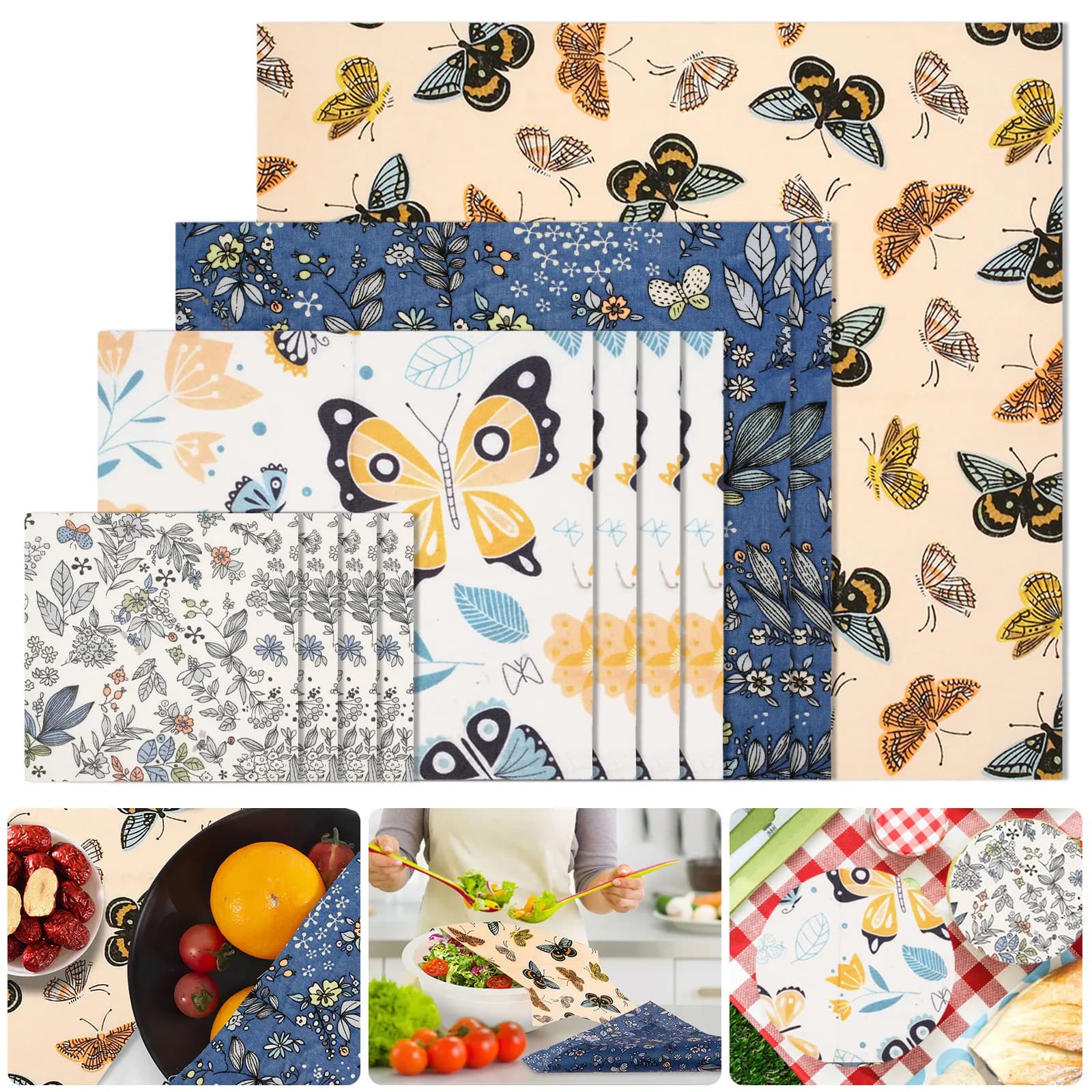 Set di 11 Involucri per Alimenti in Cera d'Api, Riutilizzabili, Ecologici, in Cotone Organico, per Pane, Sandwich, Formaggio, Frutta, Coperture per Ciotole
