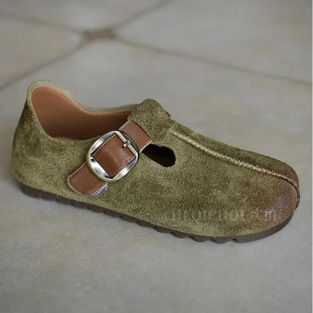 Women Khaki Green Genuine Suede Mule Slippers Metal Buckle Hand‑Stitched Closed Toe Flat Backless Casual Shoes