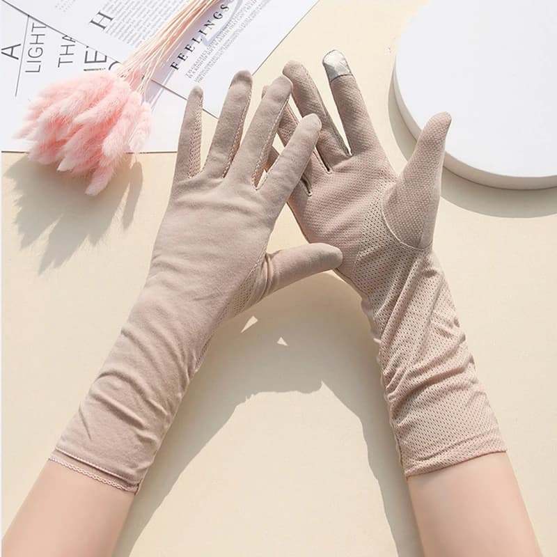 Guanti da donna in cotone sottile esteso antiscivolo elastico ciclismo parasole touch screen traspirante guanti di protezione solare da guida estiva
