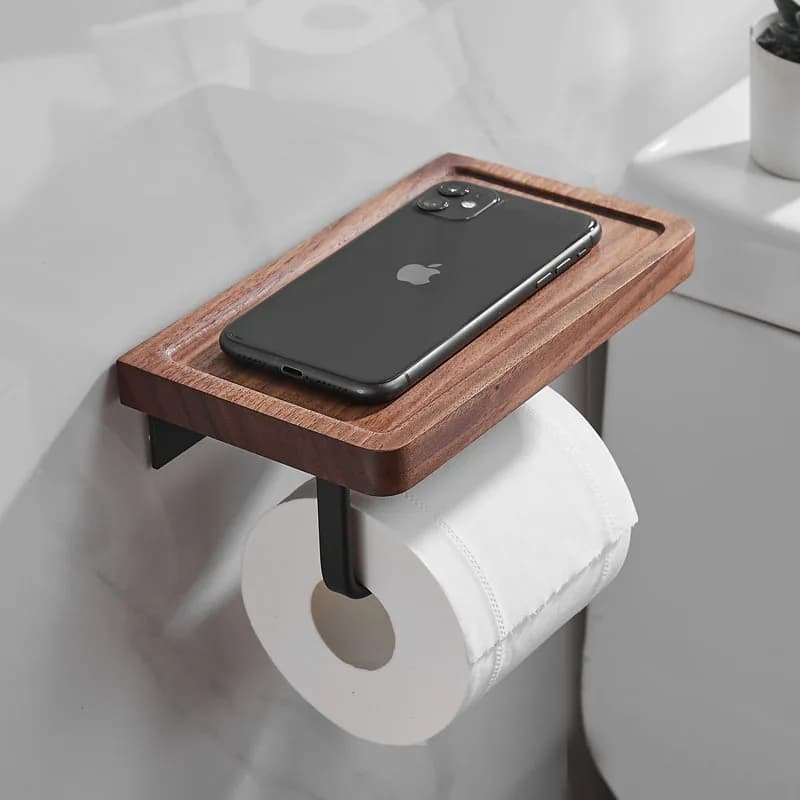 Portarotolo in Legno Massello Senza Foratura, Porta Carta Igienica da Bagno in Noce, Supporto per Rotolo di Carta
