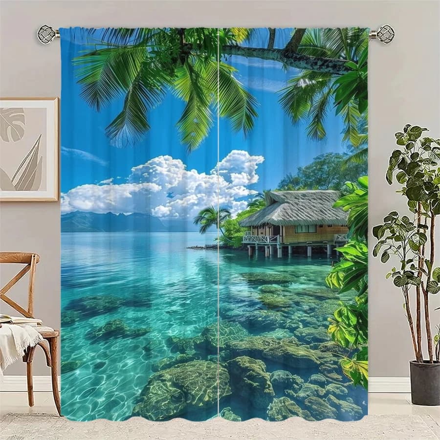 Sea-view room printed curtains, pole bag curtains, Christmas decorations, daily home decorations, room decorations