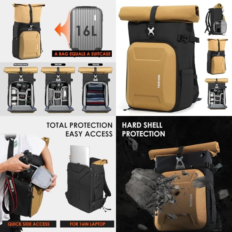 Zaino fotografico rolltop con guscio rigido - Borsa fotografica grande con scomparto per laptop da 16 pollici e accesso laterale rapido - Per fotografi urbani DSLR