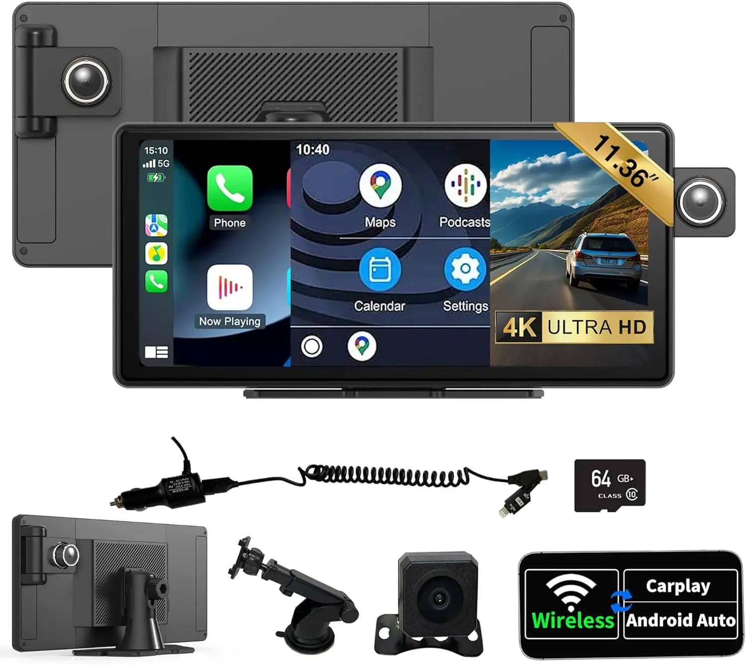 SCUMAXCON Portable 11.36 "Car Stereo Wireless CarPlay Android Car 4K Dash Cam with Backup Cam Airplay Loop GPS Registration