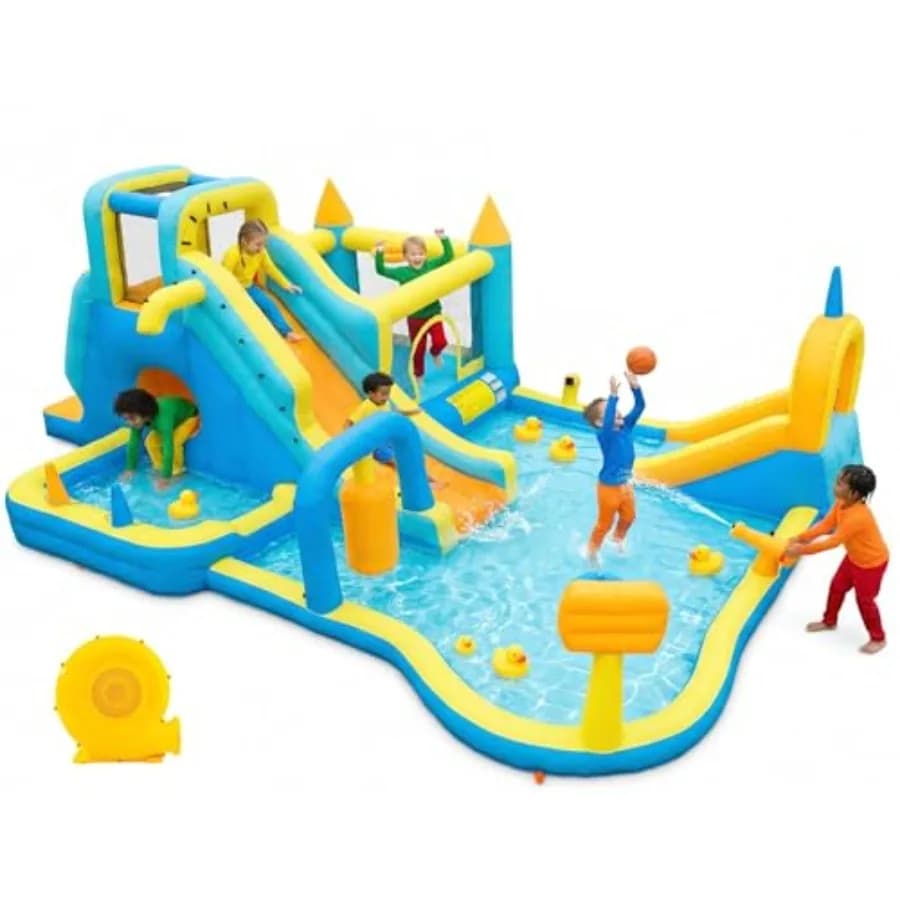 Scivolo d'Acqua Gonfiabile per Giardino con Piscina, Parete da Arrampicata, Percorso a Ostacoli, Canestro e Cannone ad Acqua Rosso Blu
