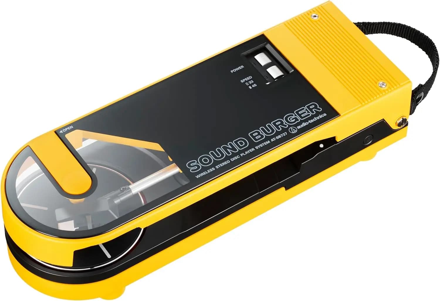Giradischi Bluetooth Portatile, Giallo, a Cinghia, 33/45 RPM, Batteria da 12 Ore