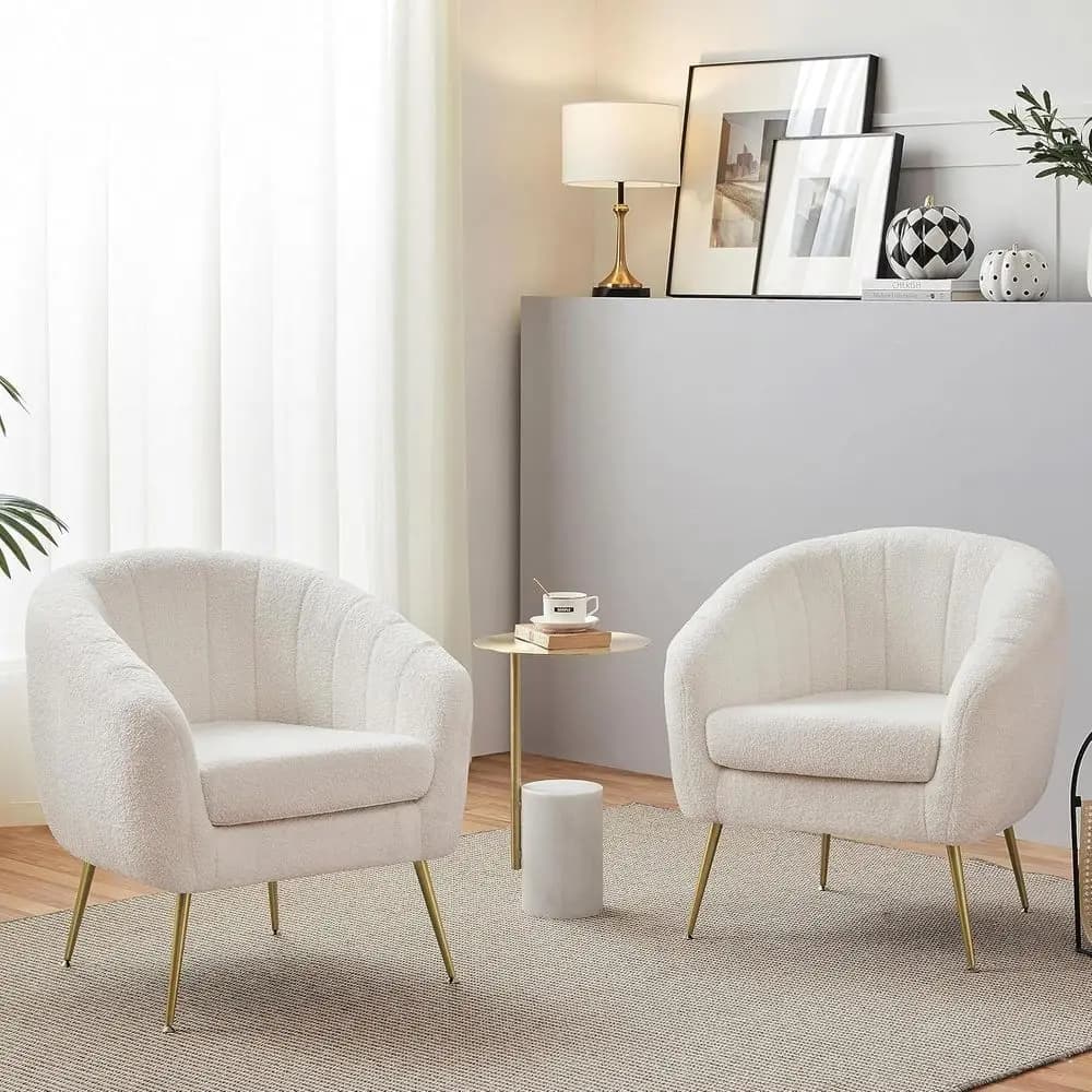 Elegante Poltrona Avorio con Gambe Dorate e Cuscino Rimovibile, Set di 2 per Soggiorno o Ufficio