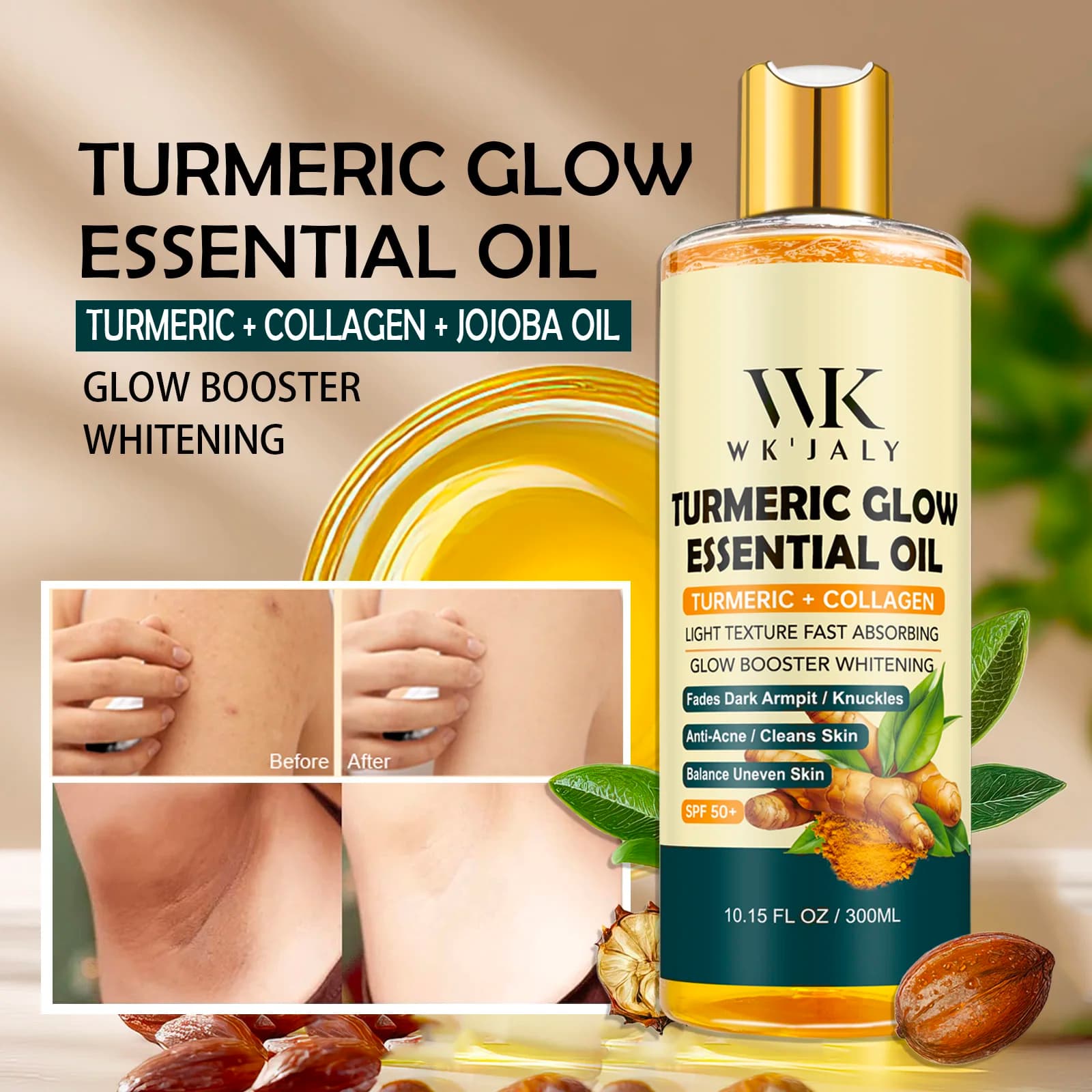 WK JALY Essential oil whitening curcuma, with collagen, moisturizing, illuminating, removes acne, dark spots, for all skins, 300 ml