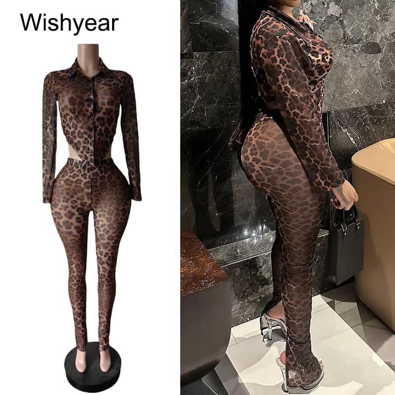 Fashion Leopard Print 2 Piece Pants Set Women Spring Autumn Long Sleeve Crop Tops Jacket and Pencil Pants Stretch Night Clubwear