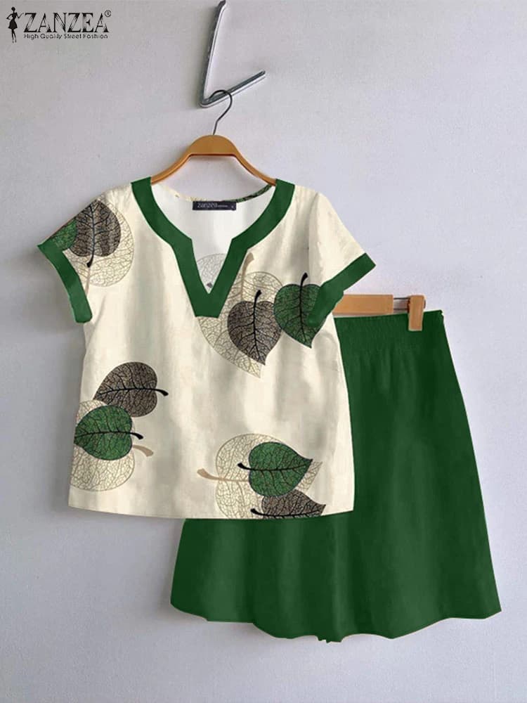 ZANZEA Abito corto da donna in tinta unita 2025 Set corto stampato estivo Moda T-shirt a maniche corte Abiti da vacanza 2 pezzi Tute
