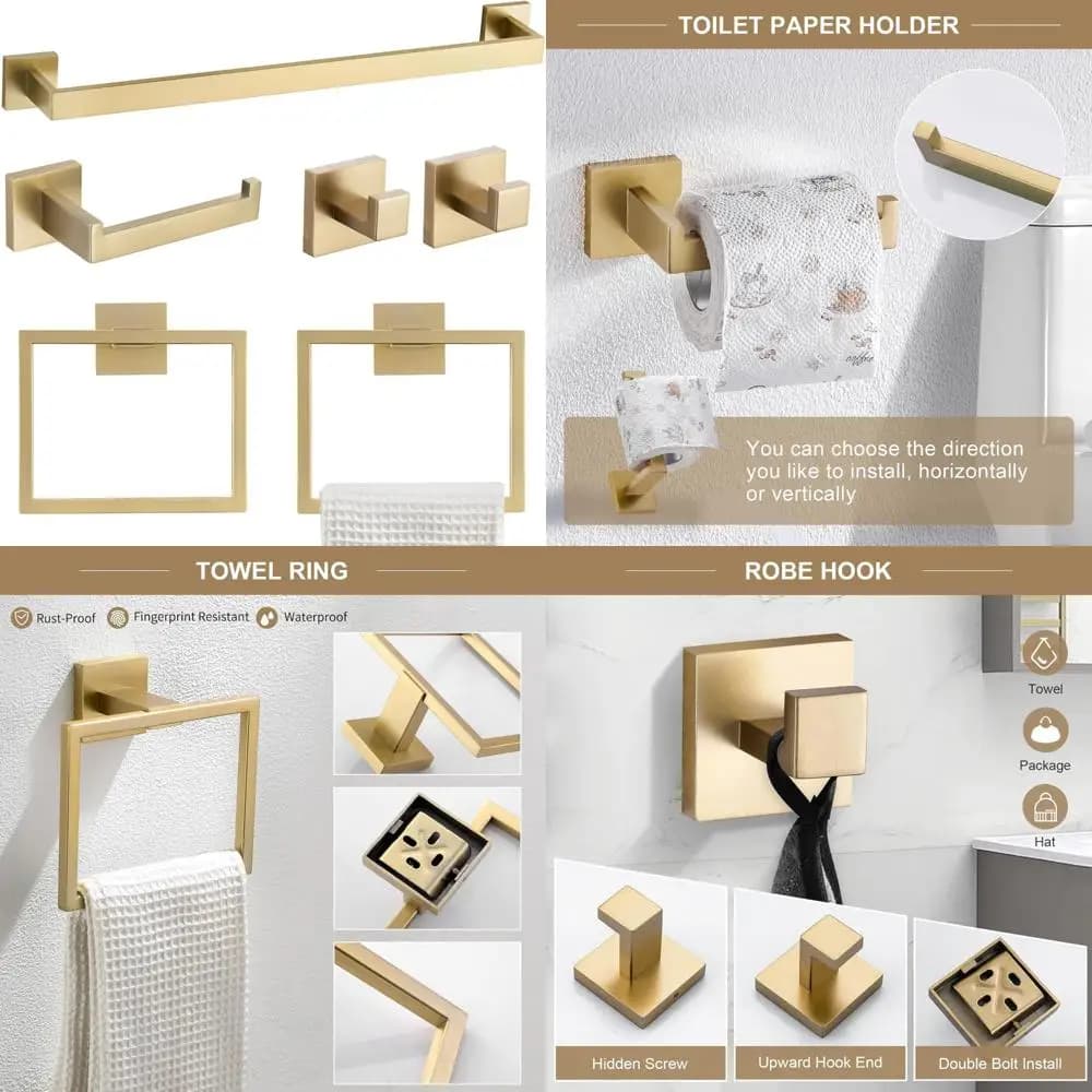 Set di asciugamani da bagno in oro spazzolato da 6 pezzi: barra da 23,6 pollici, anello in acciaio inossidabile, appendiabiti, porta carta igienica e altro ancora