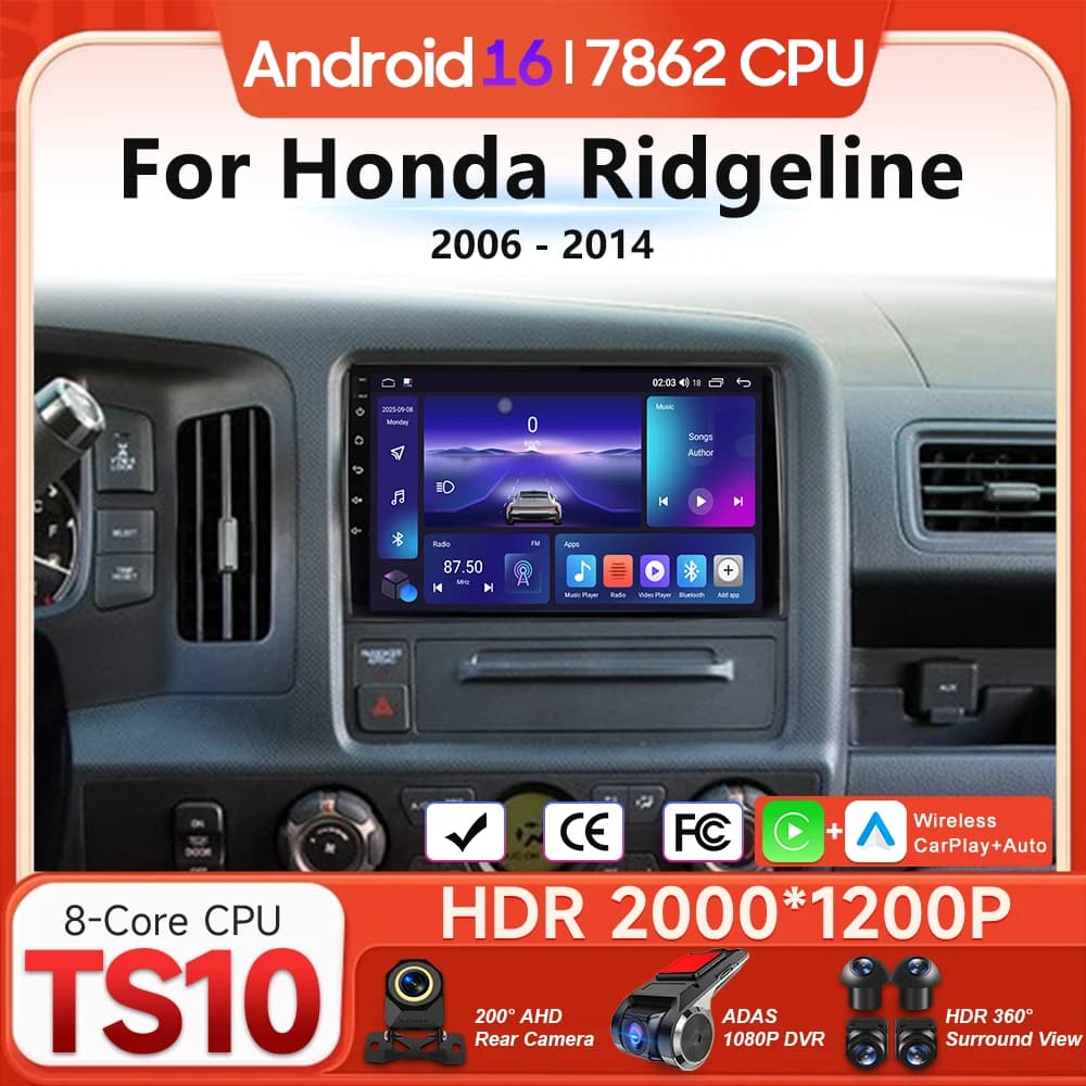 Autoradio Android 16 per Honda Ridgeline 2006-2014 con Carplay Wireless, Navigatore GPS e Lettore Multimediale Video