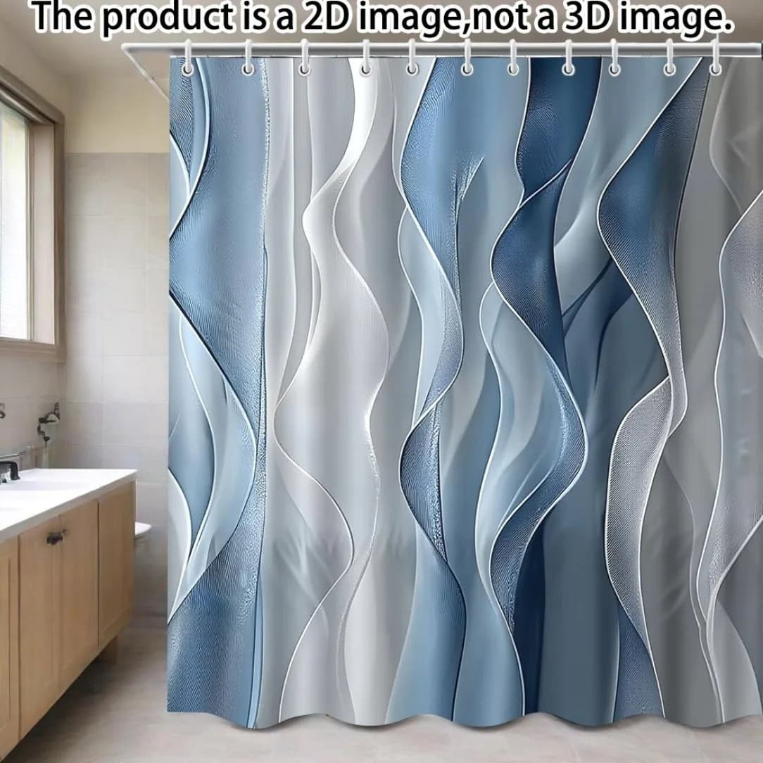 2D Flat, 2D Flat, 2D Flat Shower Curtain, Summer Theme, 1pc Blue-White Wave Shower Curtain, with 12pcs Hooks, Modern Style, Smoo