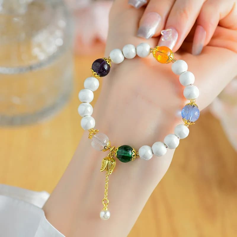 Bracciale a cinque elementi con perline di porcellana Dio giallo della ricchezza Cuore bianco Sutra Viola Manjushri Verde Tara Blu Med