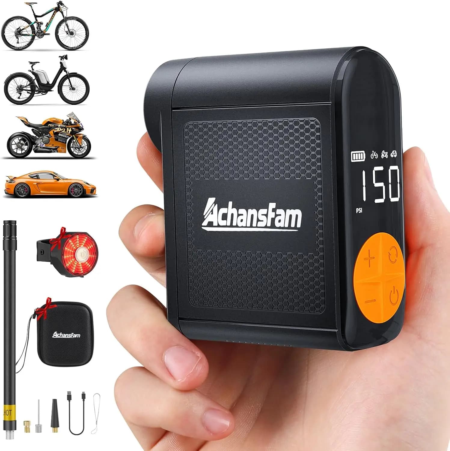 Pompa per Bicicletta Digitale 150PSI, Mini Pompa Elettrica Portatile, Gonfiatore per Pneumatici, Valvola Presta e Schrader