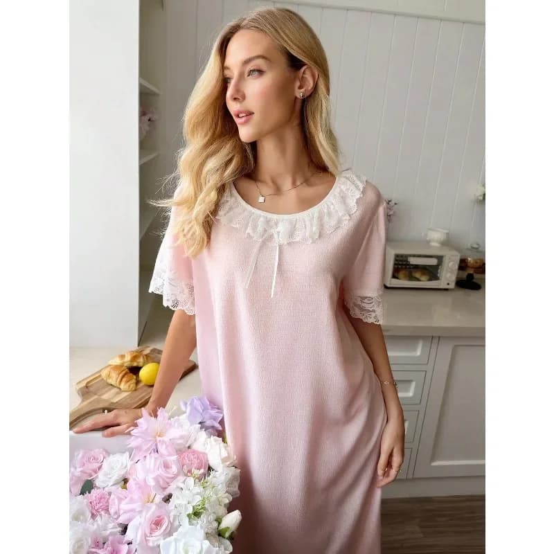 Women's Woven Fabric Bow Decor Ruffle Hem Loose Casual Pajamas, Fresh Homewear Short Sleeve Sleepwear With Lace Trim