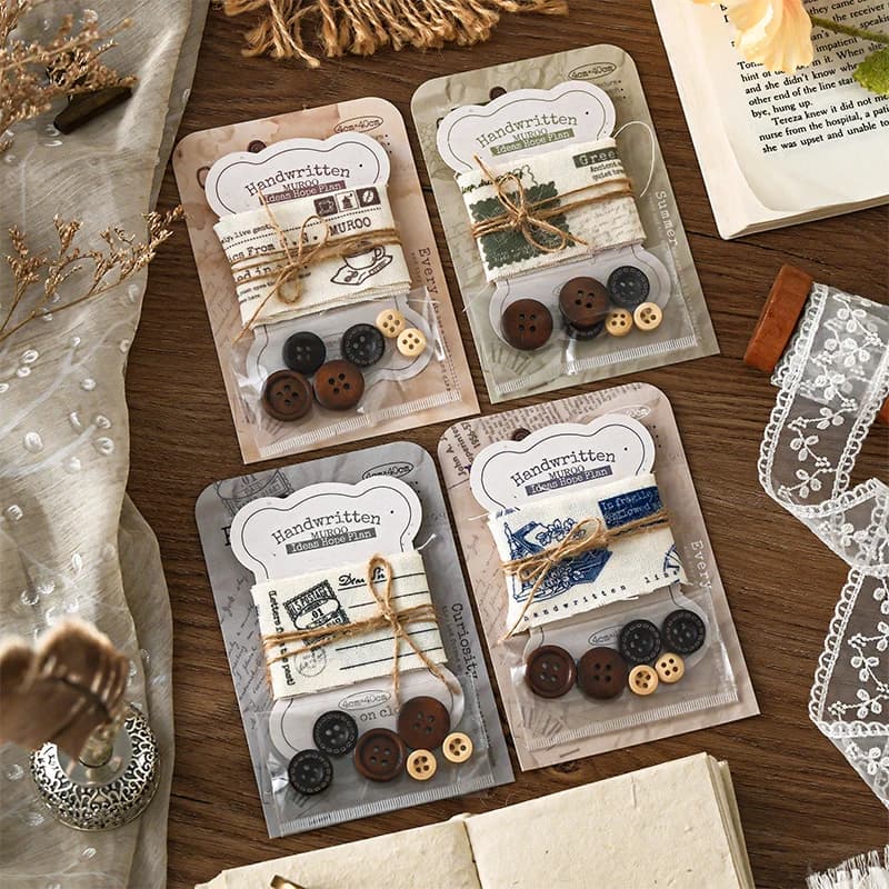 Vintage Handicraft Art Fabric Kit DIY Scrapbooking with Wood Button And Rope Complete Hobby Material Set for Creative Projects