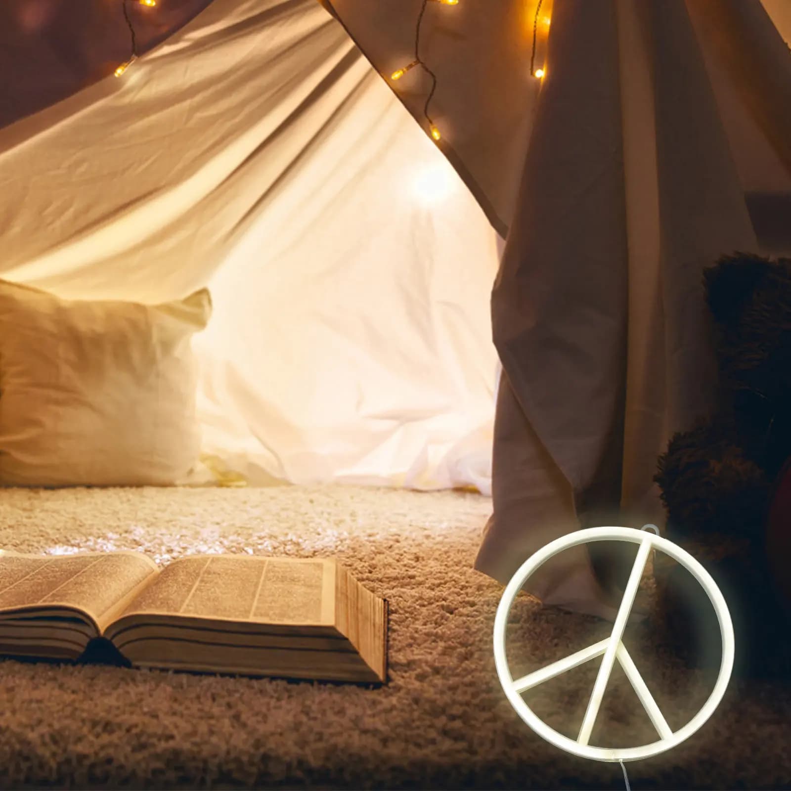 Lampada LED Neon con Simbolo della Pace, Luce Notturna Luminosa per Arredamento Interno, Camera da Letto, Soggiorno, Illuminazione Calda e Morbida, Accento Luminoso in Plastica per la Casa