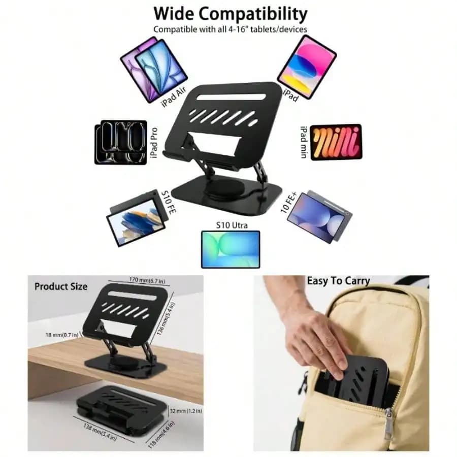Supporto per tablet nero, supporto per telefono con rotazione a 360°, supporto a doppio braccio, accessori da scrivania per ufficio, supporto pieghevole, accessori da viaggio, regali da scrivania per uomo, adatto a tutti i tablet da 4-16 pollici, per ufficio e viaggi, per lui, regalo di San Valentino