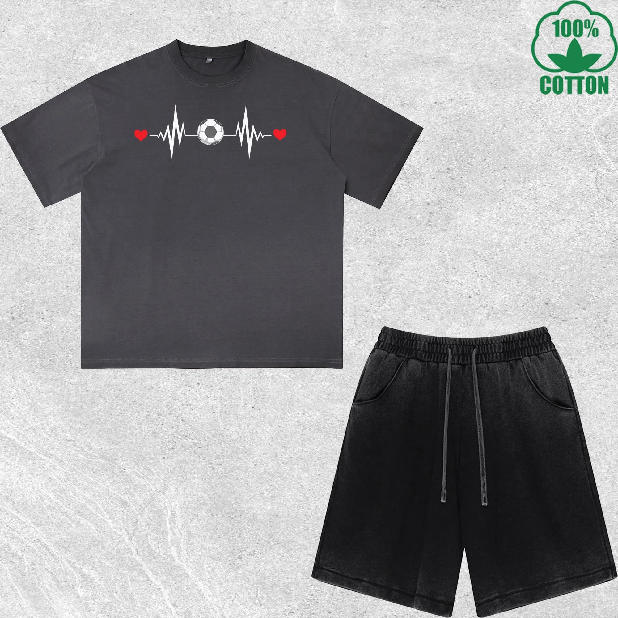 Complete T-shirts and Shorts with Heart Print and Delavé Effect, Fashionable, 100% Cotton, Black