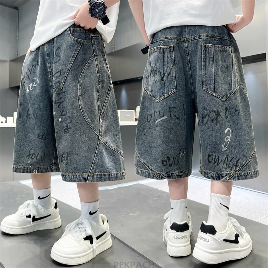 New Summer Kids Children Gray Blue Color Denim Shorts with Drawstrings for Teenage Boys Knee Length Baggy Jeans Capris Pants