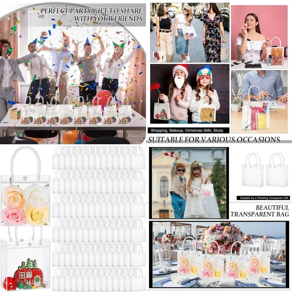 Confezione da 200 Borse in Plastica Trasparente con Manici, 5.9x6.3x2.8 Pollici, Riutilizzabili per Shopping, Regali per Feste, Matrimoni, Baby Shower, Festa della Mamma