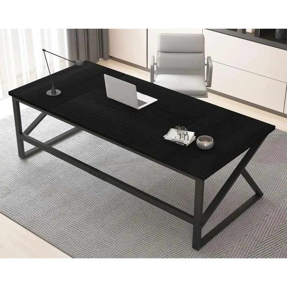 Scrivania Nera Lunga 70 Pollici: Ampia Scrivania in Metallo e Legno per Doppio Monitor, Ideale per Ufficio Domestico, Studio o Gaming