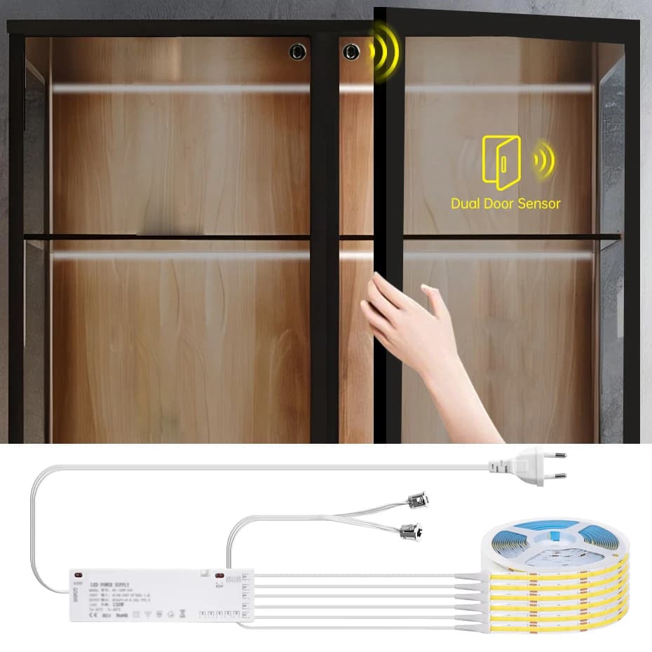 DC 12V AU EU US UK Plug Double Sensor Control Door COB HA CONDUCTION LA Light Strip Smart Cabinet Lamp Tape For Vetrina Lighting