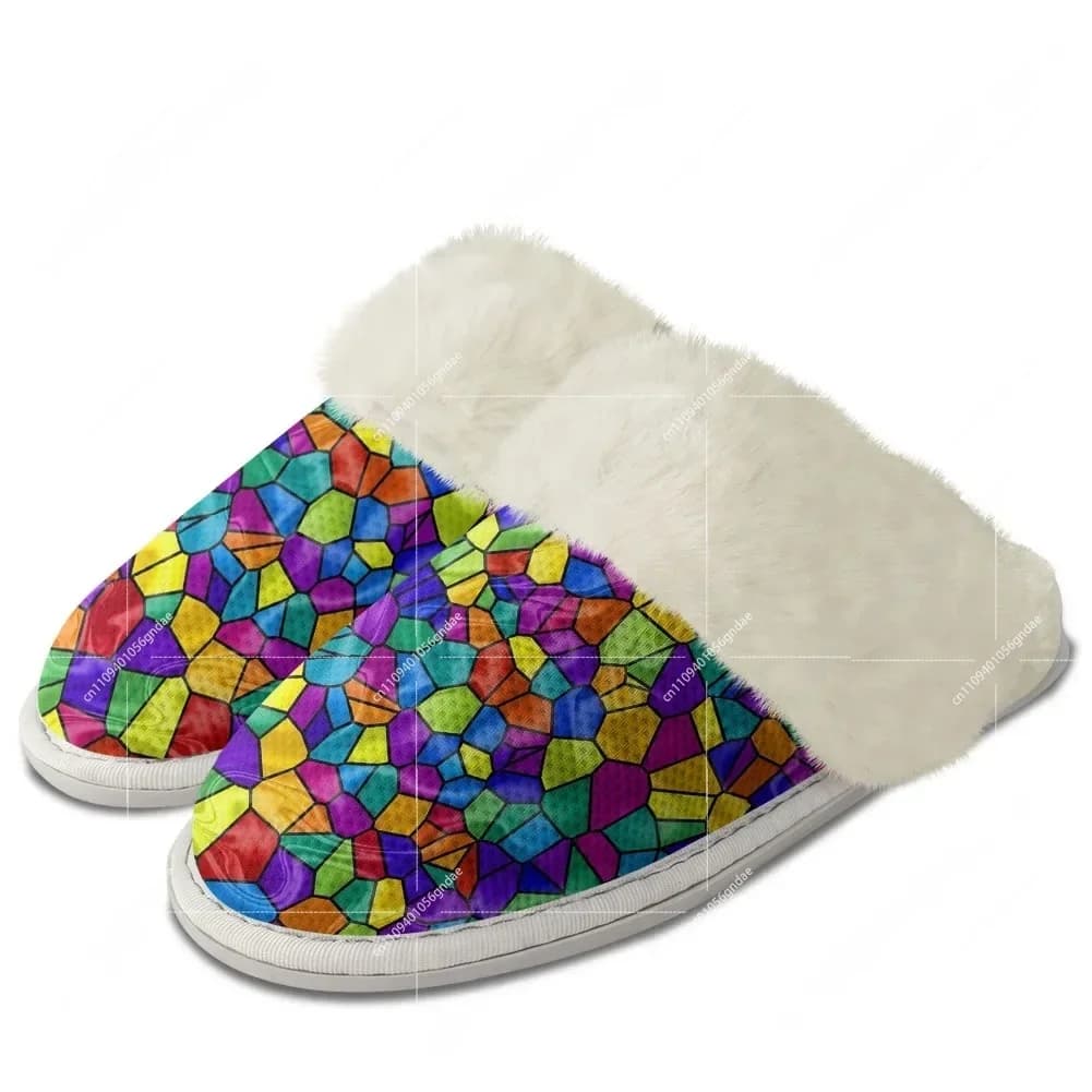 Custom Abstract Multicolor Plush Slippers Keep Warm Shoes Mens Womens Retro Breathable Home Cotton Thermal Lightweight Slipper