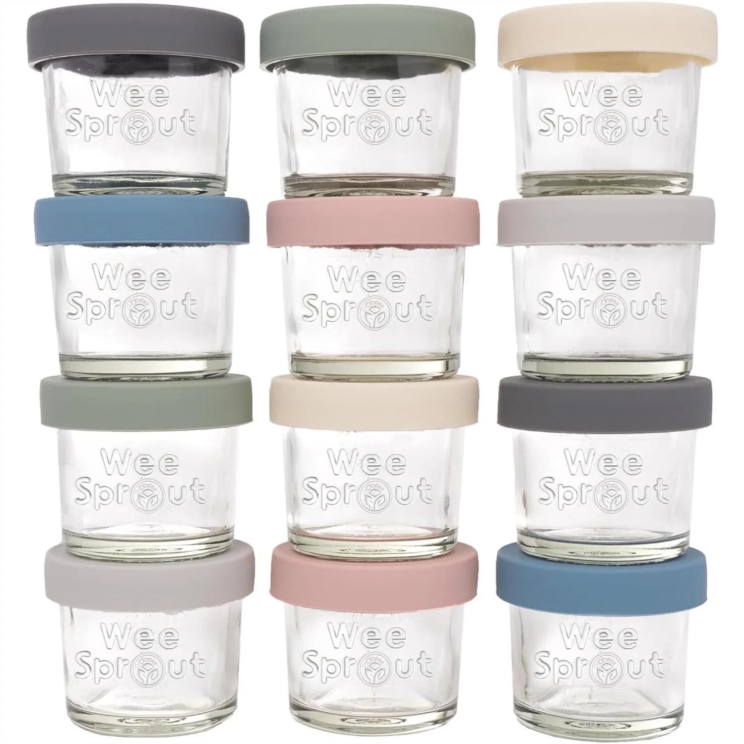Barattoli in Vetro per Alimenti per Bambini con Coperchi in Silicone, Confezione da 12 da 4 oz, Contenitori Riutilizzabili per Purea, Snack e Latte Materno