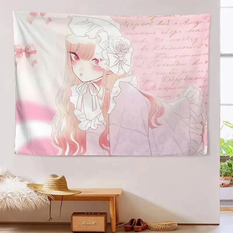 VIKAMA Kawaii Anime Girl Tapestry, Pink Lolita Style Manga Character with Bow & Rose Wall Hanging for Bedroom Decor