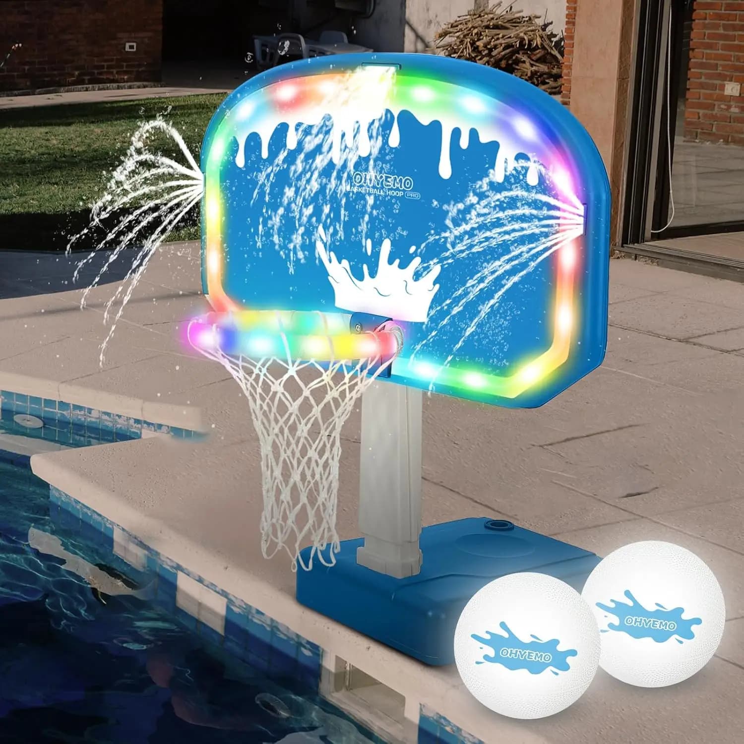 Oversized LED Pool Basketball Hoop Game Set with 3-Way Sprinkler, 14in Light-Up Rim, 2 Glowing Balls, Water-Filled Base & Pump – Illuminated Pool Games for Teens and Adults, Inground Use