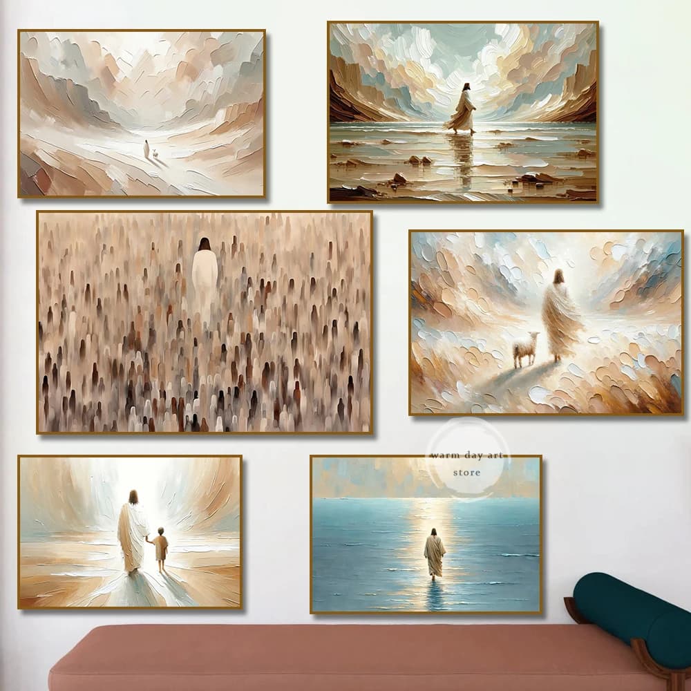 Watercolor Jesus Christ Walk on Water Canvas Painting Feeds The 5000 The Good Shepherd Religious Poster Wall Art Home Decor