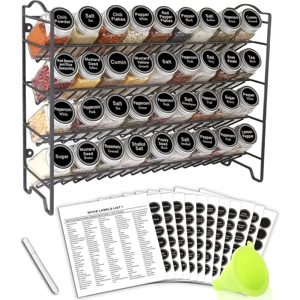 Spice Rack Organizer with 36 Empty Square Spice Jars, 396 Spice Labels with Chalk Marker andunnel Complete Set, or Countertop, C