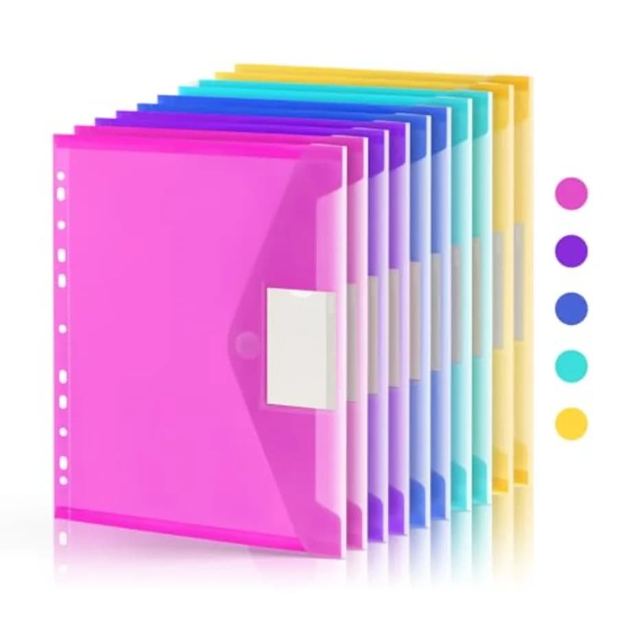 10 Pack File Folders, 11 Ring Binder Folders with Pockets, Plastic Envelopes, Clear Folder for Documents with Label, 3 Ring Bin