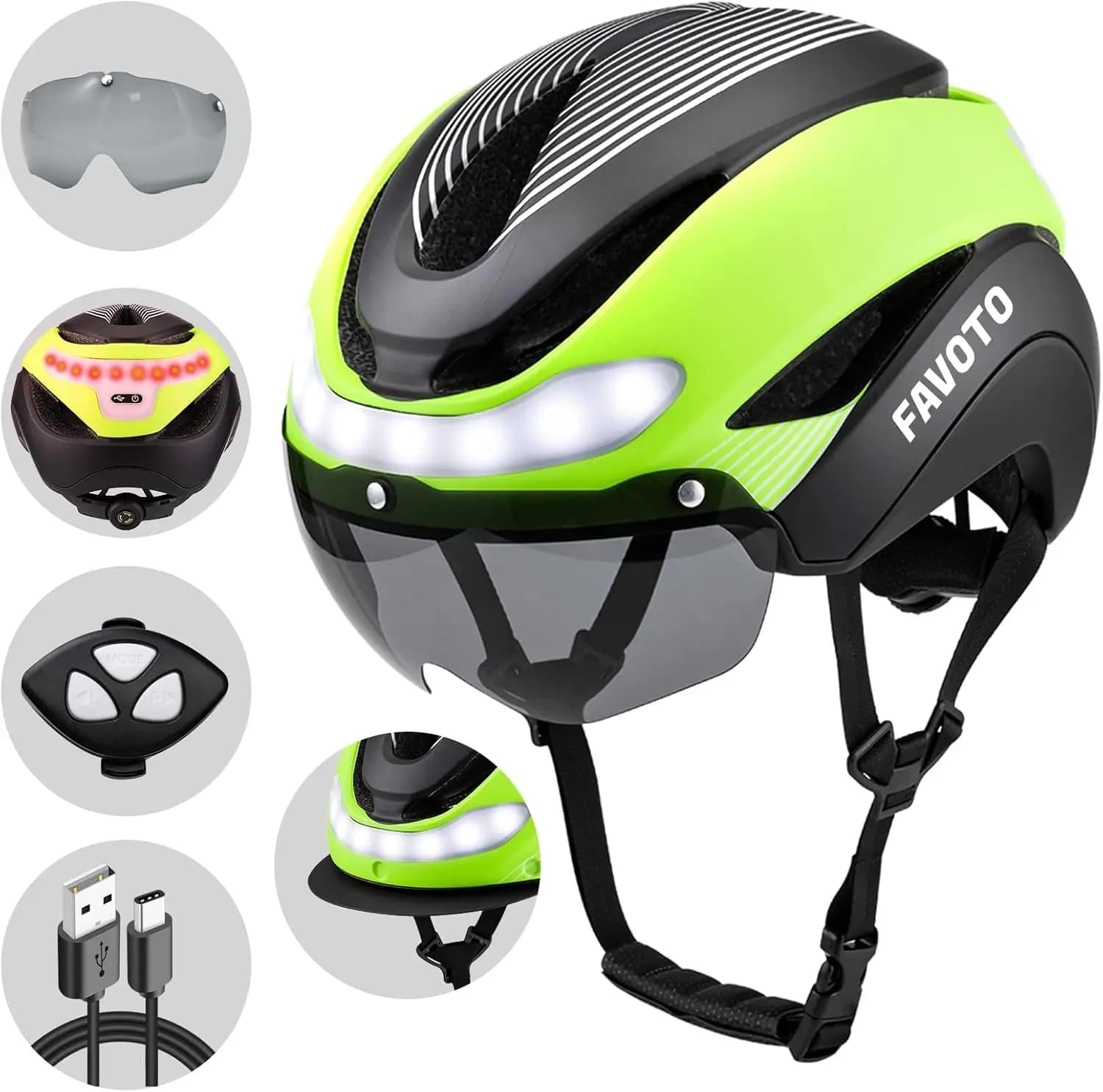 CPSC Certificate Bicycle Helmet with Direction Indicators, Removable visor and Glasses, USB Rechargeable