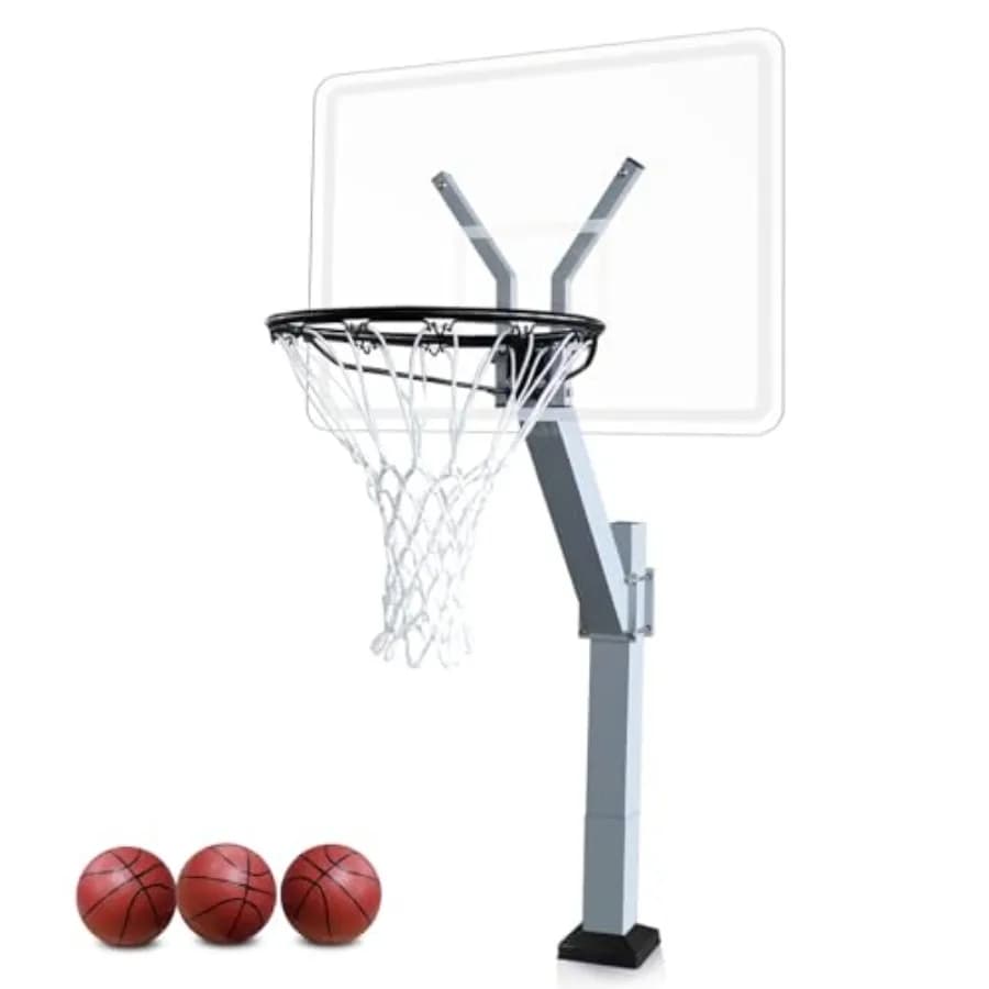 Canestro da basket per piscina per uso esterno a bordo piscina, telaio in lega di alluminio antiruggine, tabellone in acrilico bianco, altezza regolabile da 20 a