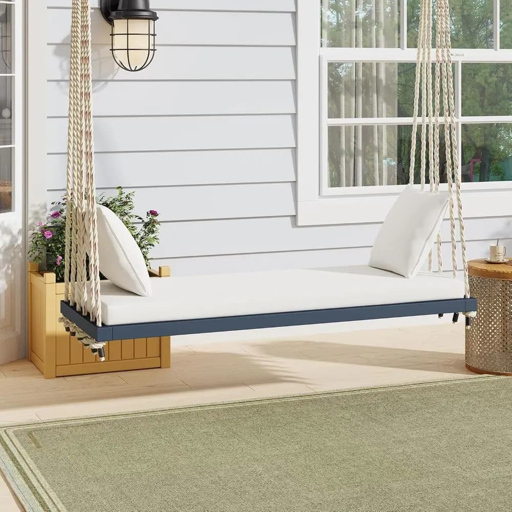 Sedia a Dondolo da Veranda in Legno di Acacia con Cuscino e Guanciali, Adatta per Giardino o Cortile